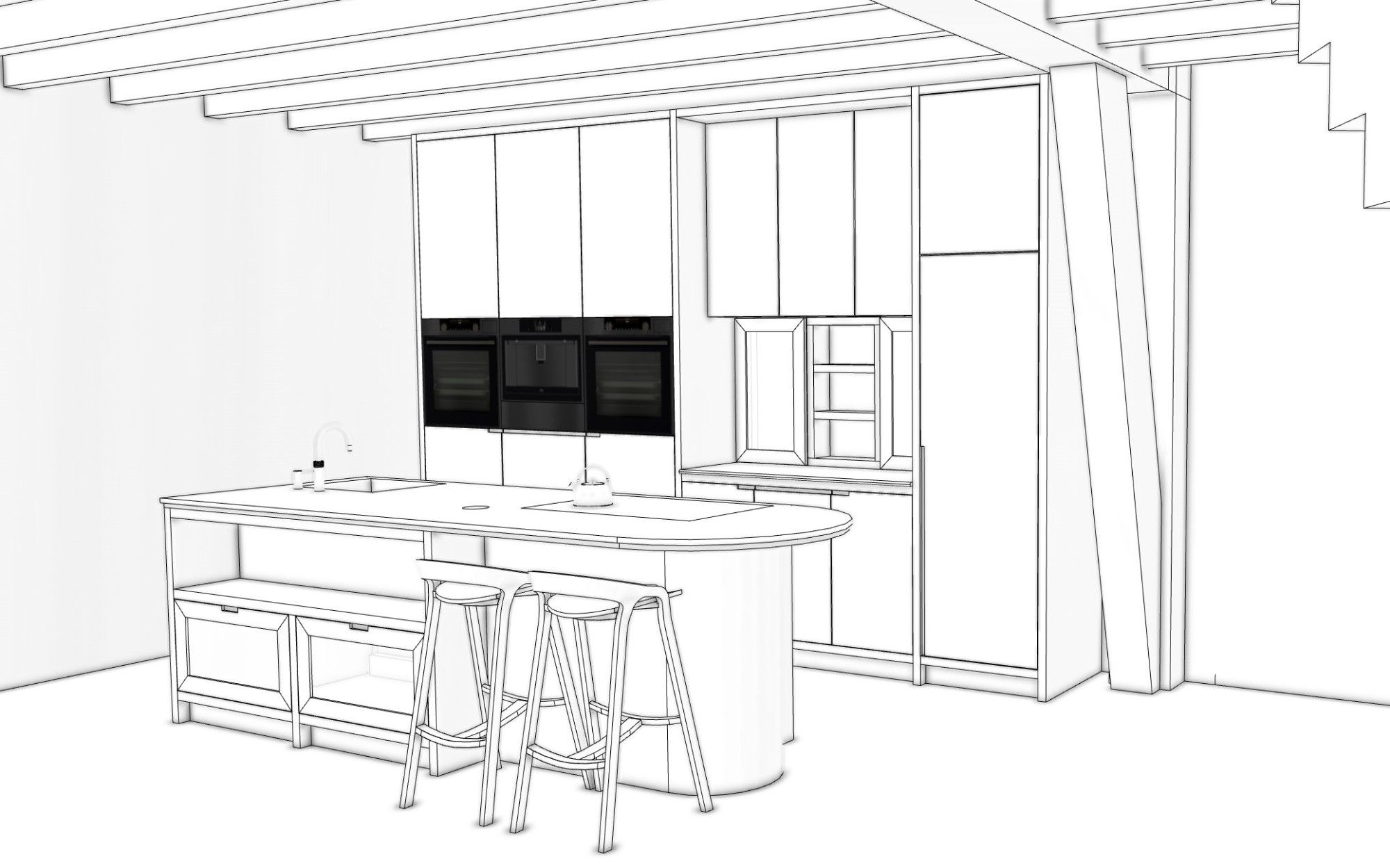 3d-tekening van de massieve eco-keuken